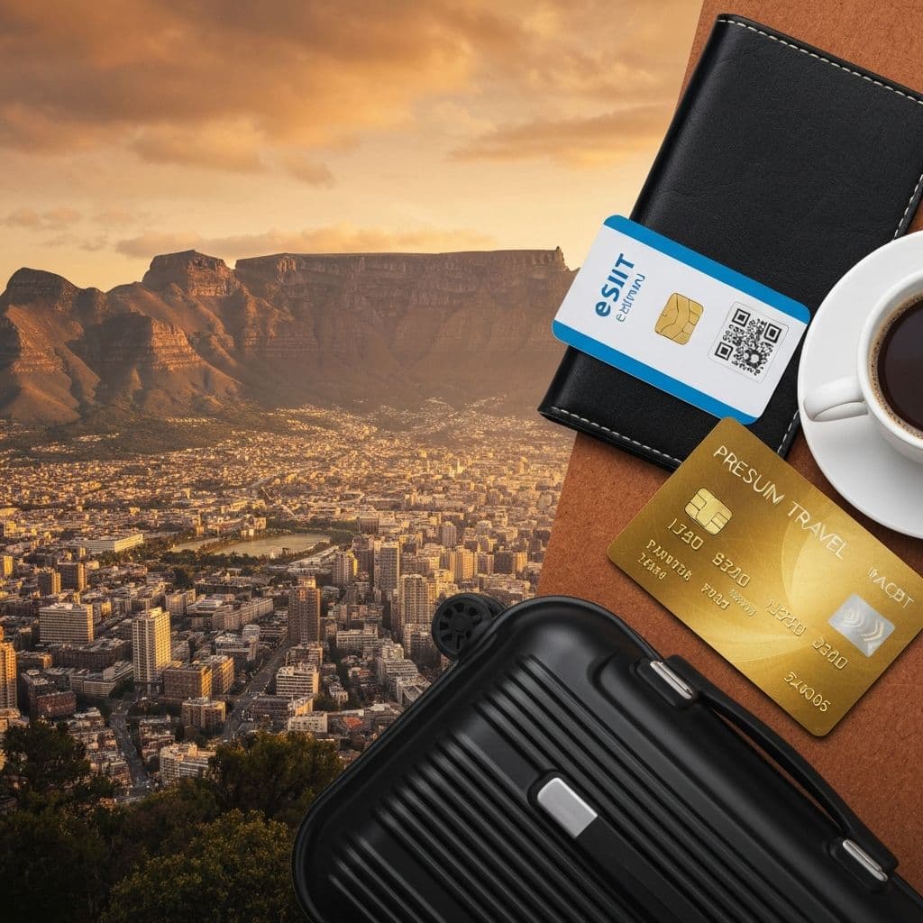Travel essentials including passport, eSIM card, suitcase and travel card with Cape Town Table Mountain view